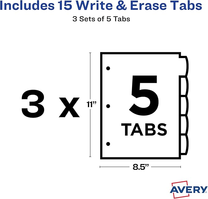 Avery Big Tab Write & Erase Durable Plastic Dividers, 5-Tab Set, Multicolor Brights, 3 Sets (21212)