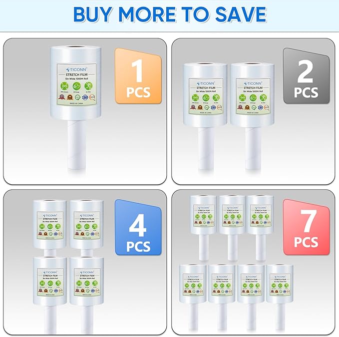 TICONN 7Pk Stretch Wrap Stretch Film Roll, 1000ft Industrial Strength 5 inch Wide Clear Plastic Wrap with Handles for Pallet Wrapping Shipping Moving