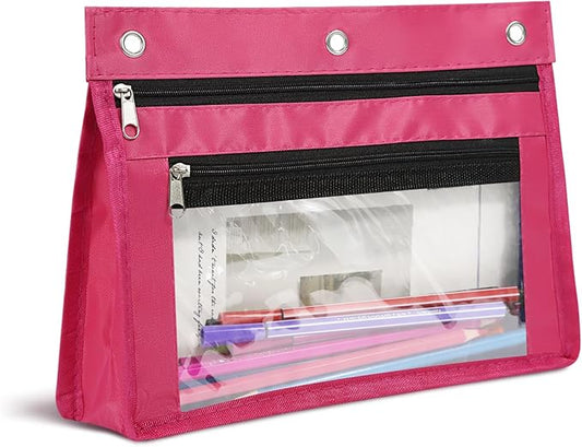 YoeeJob 1 Pack Pencil Pouch for 3 Ring Binder, Expandable Binder Pouches with Zipper, Large Capacity Pen Holder Case with Clear Window School Class Office Organizers, Rosy