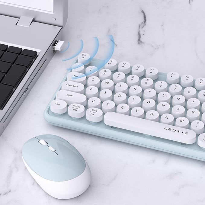 UBOTIE Colorful Computer Wireless Keyboard Mouse Combos, Typewriter Flexible Keys Office Full-Sized Keyboard, 2.4GHz Dropout-Free Connection and Optical Mouse (Green-White)