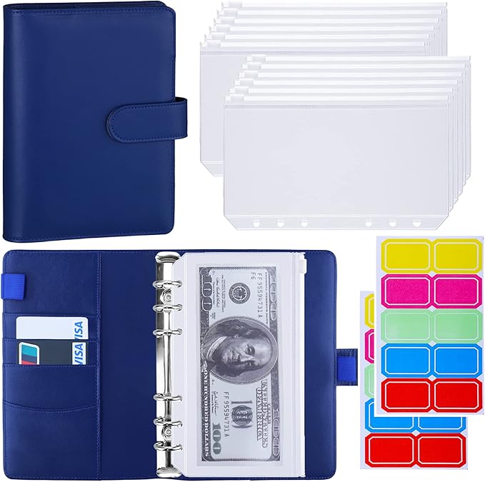 Antner A6 Budget Binder with Zipper Cash Envelopes for Money Organizer & Budgeting, PU Budget Planner Money Saving Binder with Cash Stuffing Envelopes & Labels for Home Office Travel, Navy Blue