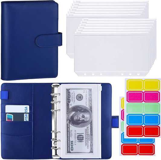 Antner A6 Budget Binder with Zipper Cash Envelopes for Money Organizer & Budgeting, PU Budget Planner Money Saving Binder with Cash Stuffing Envelopes & Labels for Home Office Travel, Navy Blue