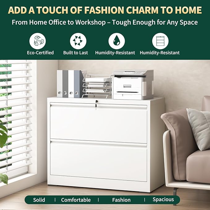 2 Drawer Lateral File Cabinet with Lock, 26.77“W File Cabinets for Home Office Legal/Letter A4 Size, File Cabinet Storage Cabinet,Require Assembly, White