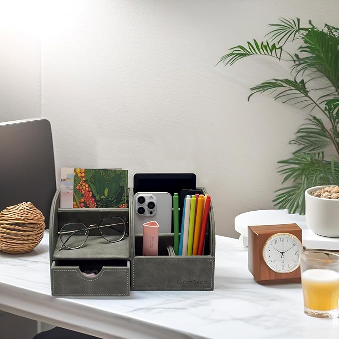 UnionBasic Desk Organizer, Multi-functional Leather Desktop Office Organizer, Pen Holder - Business Card/Pen/Pencil/Mobile Phone/Stationery Holder Storage Box, Taiga Dark Grey