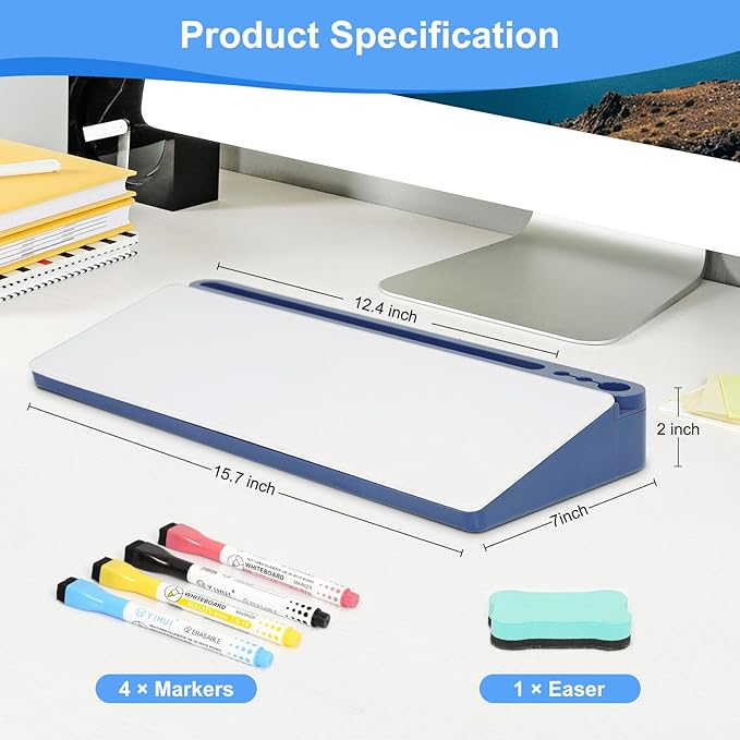Glass Desktop Whiteboard with Storage, Desk White Board with Computer Keyboard Stand,White Dry Erase Board with Drawers for Home,School,Office - Blue
