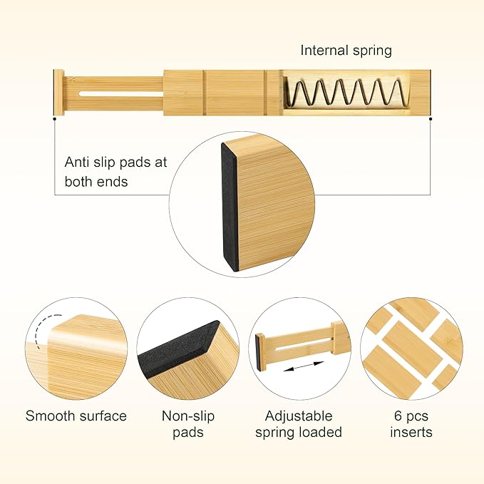 Utoplike 4 PCS Bamboo Kitchen Drawer Dividers with Inserts(Fits 15"-17.7" Drawer Inner Size), Adjustable Drawer Organizers for Socks, Spring Loaded, for Bedroom, Dresser, Bathroom