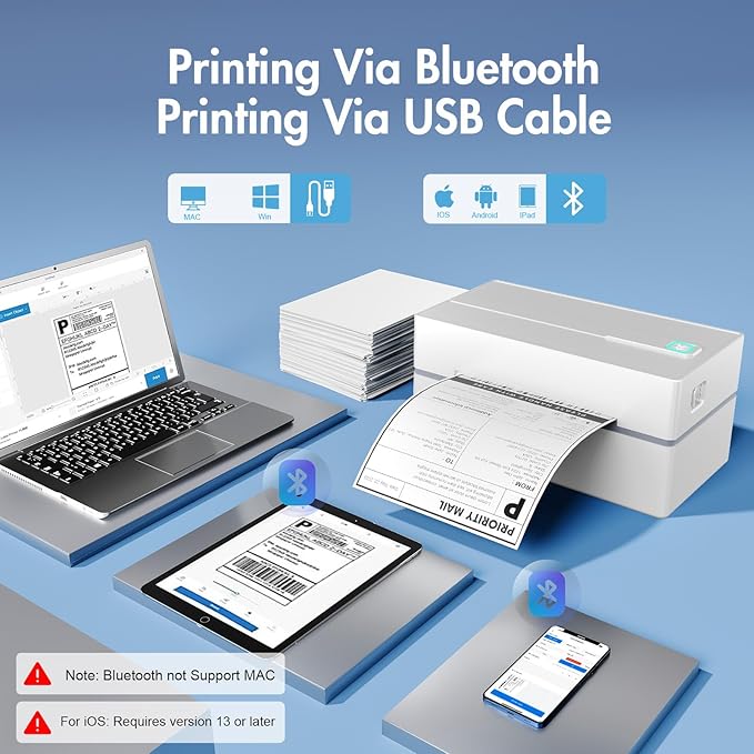 Bluetooth Thermal Shipping Label Printer: 4x6 Wireless Label Maker with Tape for Small Business - Compatible with iPhone, Android, Windows & Mac, Widely Used for USPS UPS Ebay Amazon Shopify, White