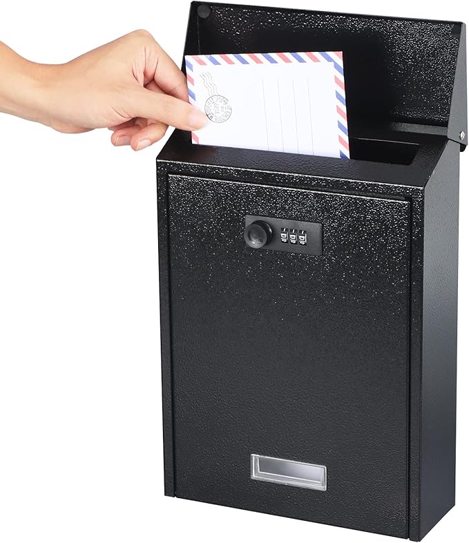 xydled Mail Boxes with Combination Lock,Locking Mailbox Wall Mounted,Large Capacity,Steel Cover Metal Postbox for House, 12.4×8.5×3 Inch, Black