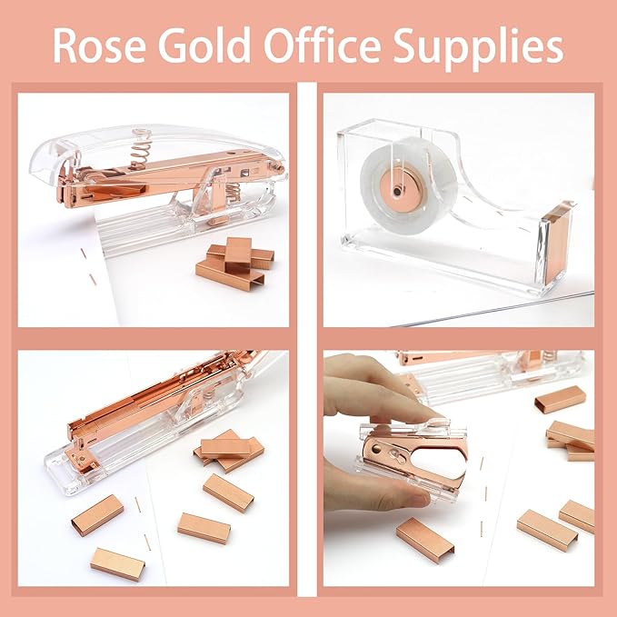 Rose Gold Office Supplies,UPIHO Rose Gold Desk Accessories,Stapler and Tape Dispenser Set with Stapler,Tape Dispenser, Staple Remover, Staples, Clips,Scissor,Pen and Sticky Notes,Gifts for Coworkers