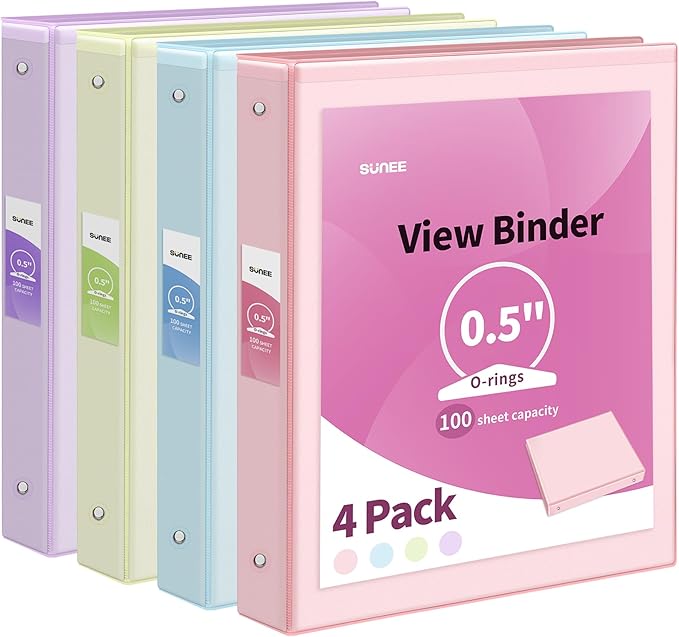 SUNEE 1/2 Inch Binders 3 Ring 4 Pack, Clear View 0.5" Binder Three Ring PVC-Free (Fit 8.5x11 Inches) for School or Office Supplies, Assorted Pastel