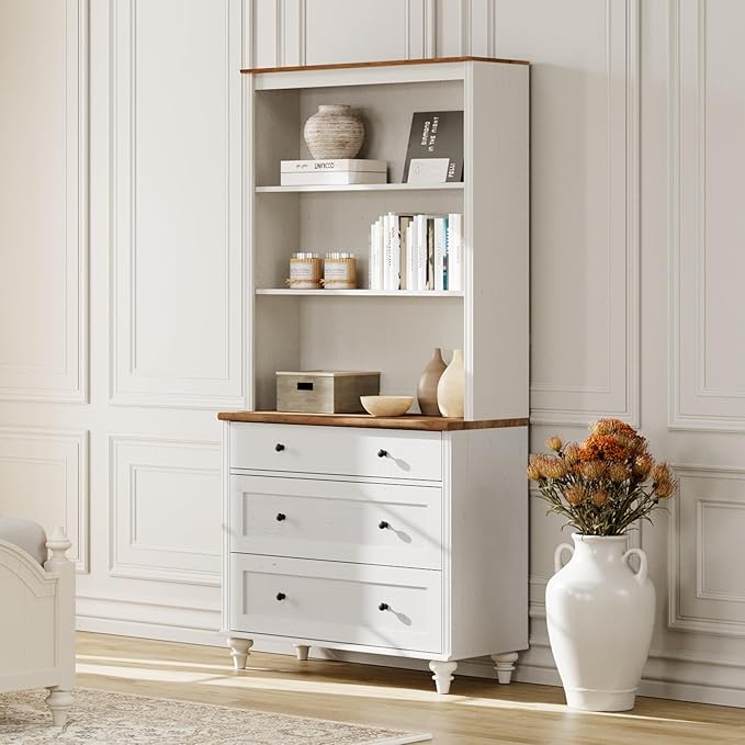 WAMPAT 72" Tall Bookcase Large Display Book Case Shelf with 3-Tier Open Book Shelfs, 3 Tier Farmhouse Bookshelf with 3 Drawers, Library Wood Bookshelves for Living Room or Study Room or Bedroom, White