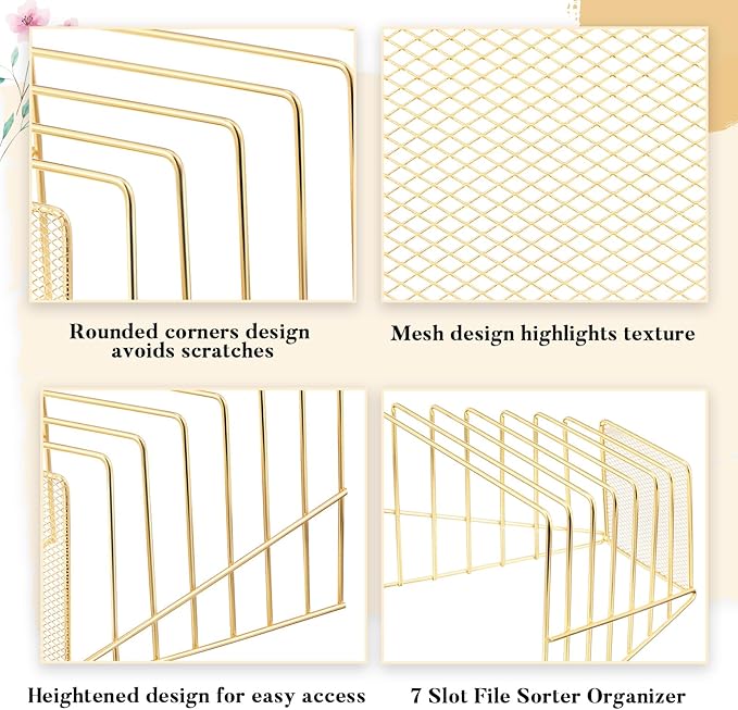 2 Pcs 7 Slot Incline File Sorter Metal Wire Mesh File Racks for Desktop Letter Sorter for Magazine Folder Book Organizer Home Office School Paper Mail Desk Storage Holder(Golden)