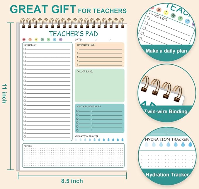 3 Pack Teacher Notepad - A4 Teacher To Do List Notepad, Spiral Checklist Notebook Organizer for Teachers Notes Task Appointment, Teacher Appreciation Gifts, 8'' x 11''