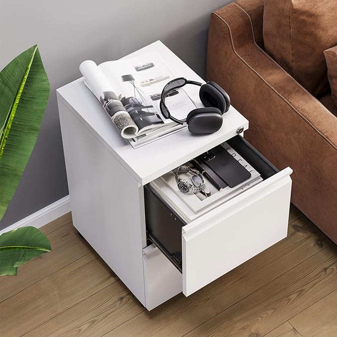 MIIIKO 2 Drawer File Cabinet with Lock, Home Office Filing Cabinets on Wheels, Under Desk 2 Drawers Storage for Legal/Letter/A4 Files,Fully Assembled