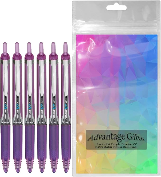 Precise V7 RT Retractable Rolling Ball Pens, Fine Point (.7mm), Purple Ink, 6-pk; Premium Comfort Grip, Bundle with Plastic Reusable Pouch