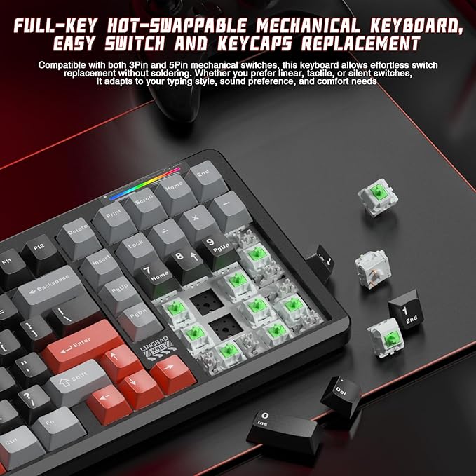 LINGBAO K98 Wireless Mechanical Gaming Keyboard, Tri-Mode BT5.0/2.4GHz/USB-C, Gasket Custom Hot-Swappable Linear Switches Mechanical Keyboards, RGB Backlit Gaming Keyboard for PC Laptop