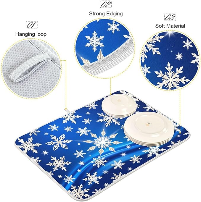 Christmas Blue Snowflakes Dish Drying Mat for Kitchen Counter 16 x 18 Snow Flakes Microfiber Dry Dishes Mats Drainer Mat Dish Drying Pad for Countertops
