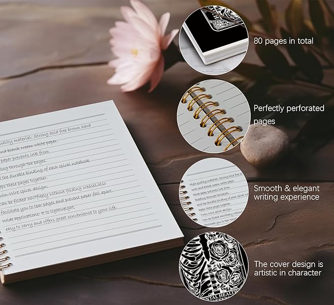 Black Tarot Gothic Spiral Notebook journal,Mental Health journal,Skull Hardcover Spiral Notebook Supplies for Teen Girls Women,Gothic Gifts for Women