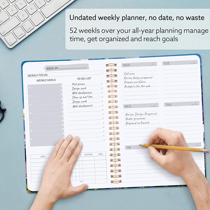 Undated Weekly Planner, A5 Weekly To Do List Notebook with Habit Tracker Spiral Binding Weekly Planner Notebook with Stickers Home Work School Supplies, Purple Flower