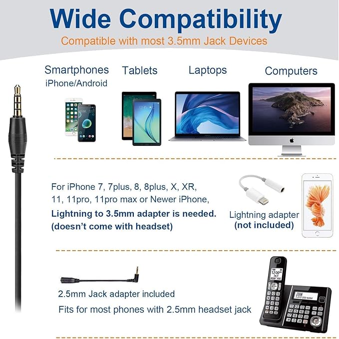 Wantek Phone Headset Wired Computer Headset with Microphone – Noise Cancelling 3.5mm/2.5mm Headphones for PC, Laptop, Mac, iPhone, Samsung – Compatible with Zoom, Teams, Call Center, Home Office