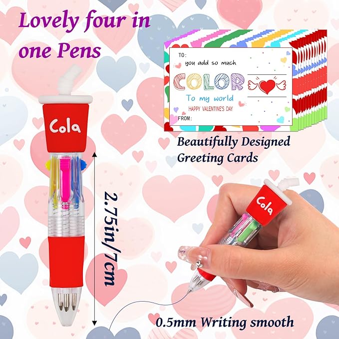 CZWZ 30 Set Cute Multicolor Pens in One 4-in-1 Fun Pens Bulk with 30 Valentines Day Cards for Valentine's Day Party Student Colleagues Greeting Exchange Gift Office School