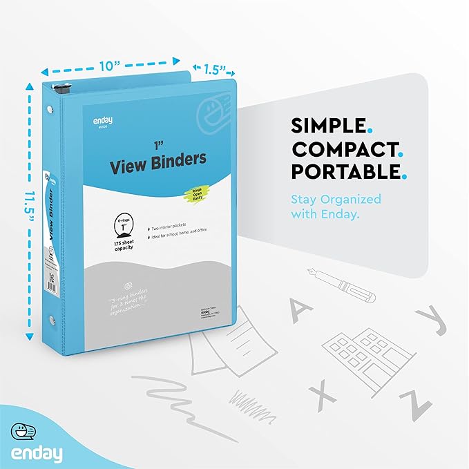 3 Ring Binder Blue, 1 Inch, 1” Clear View Cover with 2 Inside Pockets Round Ring Binder, Colored School Supplies Binders, Also Available in Pink, Blue, Purple, Green, and Grey (6 PC) – by Enday