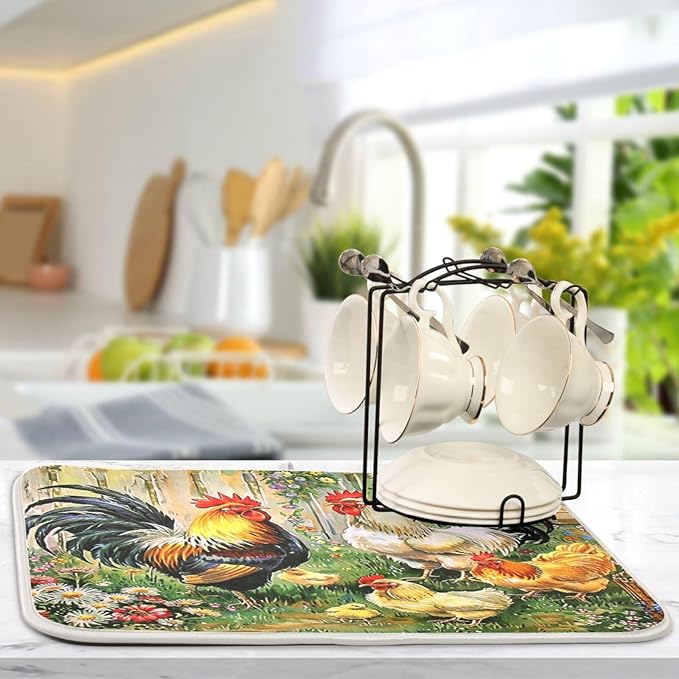 Rooster Flowers Dish Drying Mat 16 X 18 Inch Farm Cock Chick Floral Kitchen Rack Mats Dry Dishes Pads Tableware Mat Absorbent Microfiber Protector for Kitchen Countertops Counter Home Decor