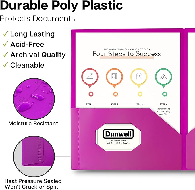 Dunwell Colored Plastic Folders with Pockets - (12 Pack, Assorted Colors), 2-Pocket 8.5x11 Folders for School and Office, Heavy Duty Long Lasting Poly, Includes Labels