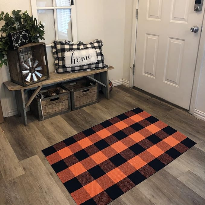 Fall Décor Orange and Black Plaid Rug, 2'4" x 3'7" Fall Outdoor Front Door Decorative Mat, Hand-Woven Rug for Layered Door Mats Washable Carpet for Porch, Entryway, Farmhouse, Autumn, Halloween