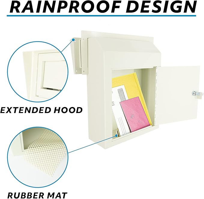 Pochar Door Drop Box for Mail, Rent, Deposit, and Night Key - Door Mount Locking Mailbox with Rear Access Through The Door (10.5'' x 2.25'' Mail Slot) (12'' x 4.25'' x 15'' (Rainproof), (Beige)