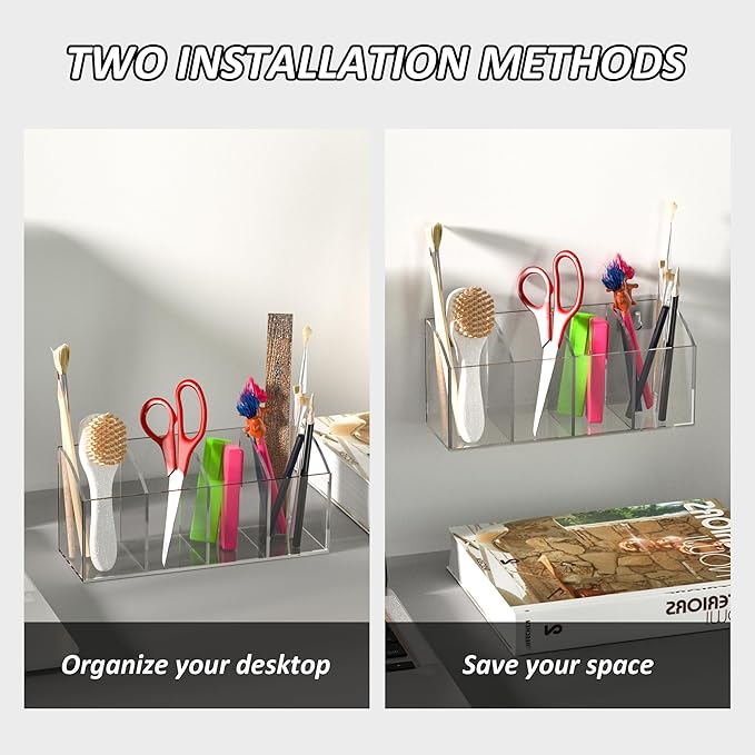 Acrylic Pen Holder 4 Compartments, Clear Pen Organizer Makeup Brush Holder, No Drill Wall Mounting Pencil Holder Office Accessories