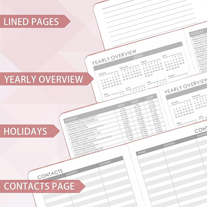 2026 Planner - Planner 2026, 2026 Weekly Monthly Planner, Jan.2026 - Dec.2026, 5.7'' x 8.4'', Thick Paper, Leather Cover, Pen Holder, Back Pocket, Bookmarks, Perfect Daily Organizer - Rose Gold