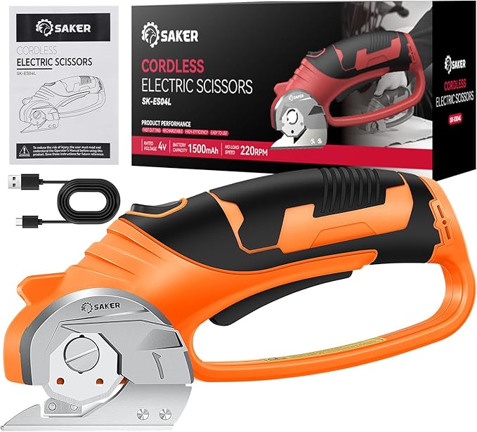 Saker Electric Box Cardboard Cutter,Cordless Elwetric Scissors for Fabric Leather Paper Plastic - Card Board Cutter Tool with 4V Recharged Battery - Safety Lock and LED Light for Cutting,Orange