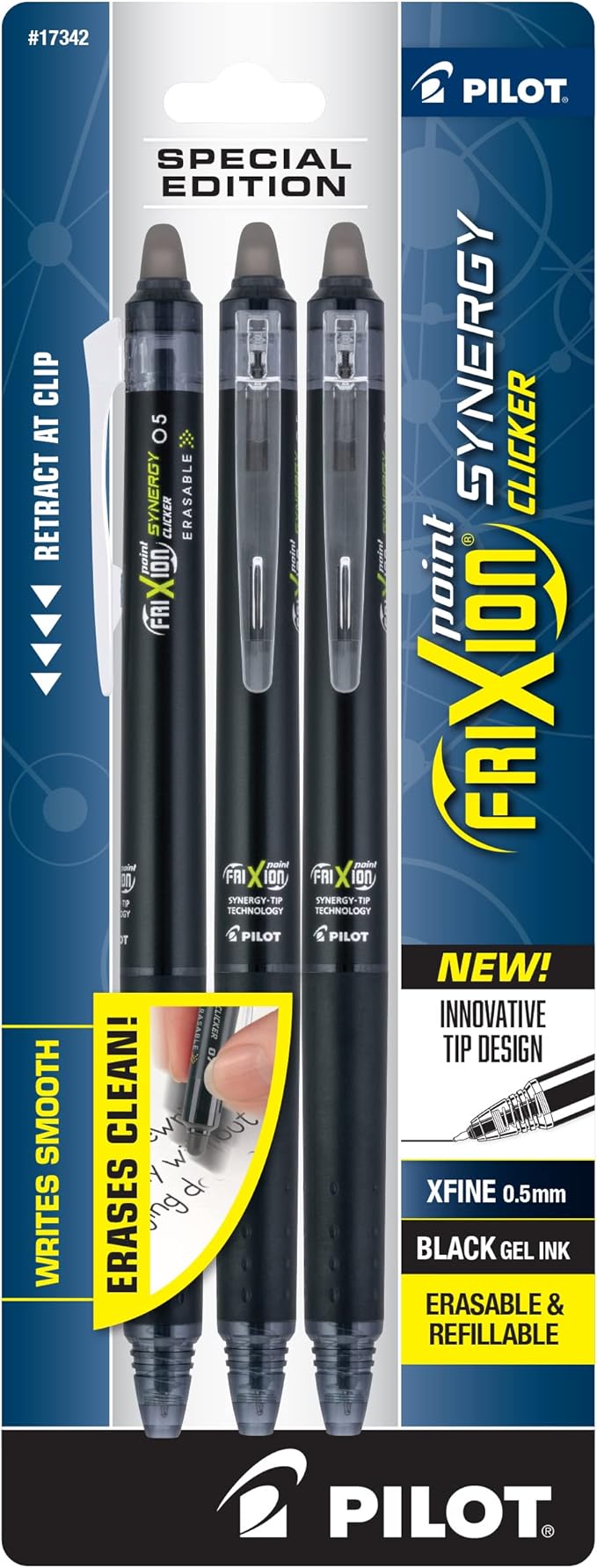 Pilot, FriXion Synergy Clicker Erasable, Refillable, Retractable Gel Ink Pens, Extra Fine Point 0.5 mm, Pack of 3, Black
