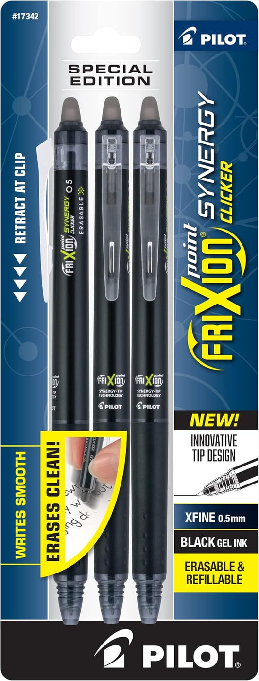 Pilot, FriXion Synergy Clicker Erasable, Refillable, Retractable Gel Ink Pens, Extra Fine Point 0.5 mm, Pack of 3, Black
