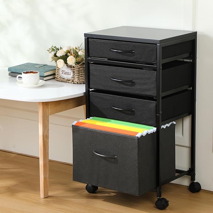 Chunful 4 Drawer Rolling File Cabinet Mobile Printer Stand Metal Cart with Fabric Vertical Filing Chest Wheels A4 Letter Size Under Desk Utility Craft Storage Organizer for Home Office (Black)