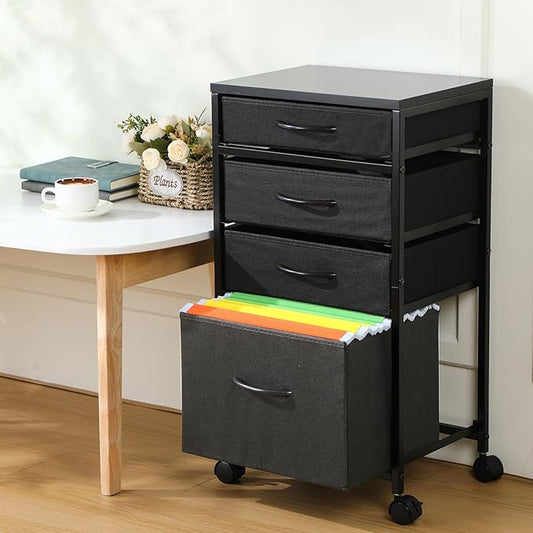 Chunful 4 Drawer Rolling File Cabinet Mobile Printer Stand Metal Cart with Fabric Vertical Filing Chest Wheels A4 Letter Size Under Desk Utility Craft Storage Organizer for Home Office (Black)