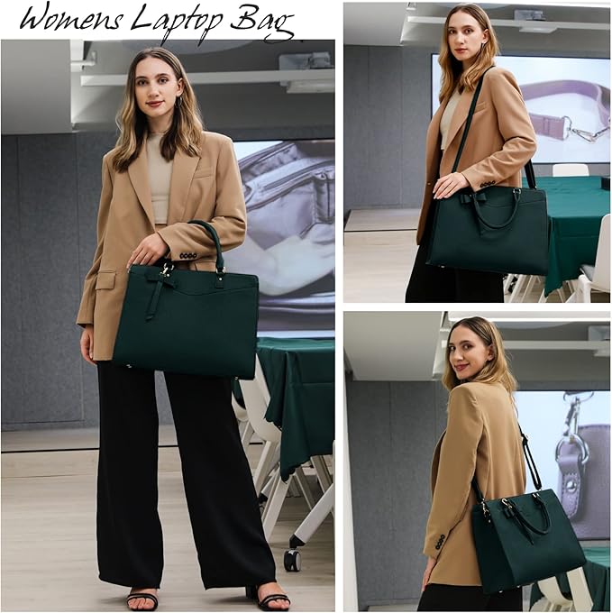 RAINSMORE Laptop Bag for Women 15.6 Inch PU Tote Bag Business Work Bag Waterproof Briefcase Computer Tote Lightweight Handbag Shoulder, Dark Green