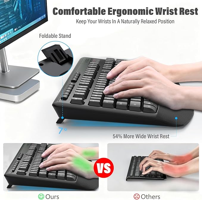 E-YOOSO Wireless Keyboard and Mouse Combo,Silent Soft Touch Quiet Keyboard Less Noise 90%,Ergonomic with Wrist Rest,2.4GHz 104 Keys Full Size,2400 DPI Mouse,for PC Computer/Laptop/Mac/Tablet,Black
