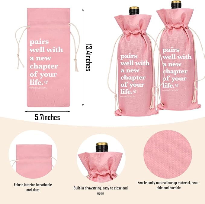 Pink Funny New Chapter Wine Bag New Beginnings Gifts for Women Men Farewell Gifts for Friends Going Away Gifts for Coworkers Women Men Moving Away Gifts for Friends New Teacher Gifts