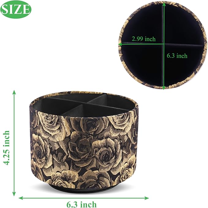 QIELIZI Round Leather Art Supply Organizer,Remote Control Holder,360 Degree Rotating,Multi-Functional Pencil Holder,4 Compartments Desktop Stationary Organizer(1-3D Rose Yellow)