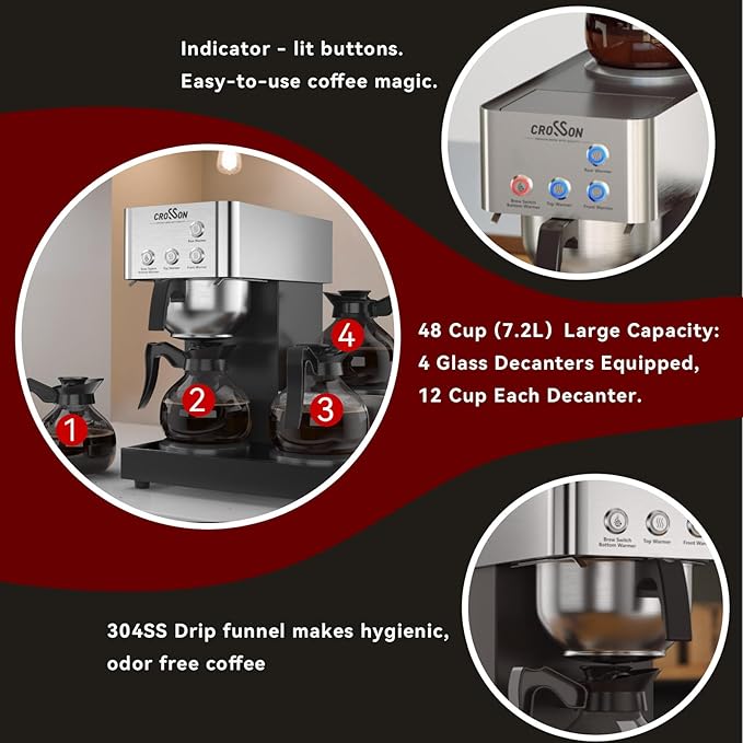 crosson 12 Cup Commercial Coffee Brewer with 4 Warmers & 4 Glass Decanter,Pour Over Drip Coffee Maker with Stainless Steel Housing and 304 SS Funnel