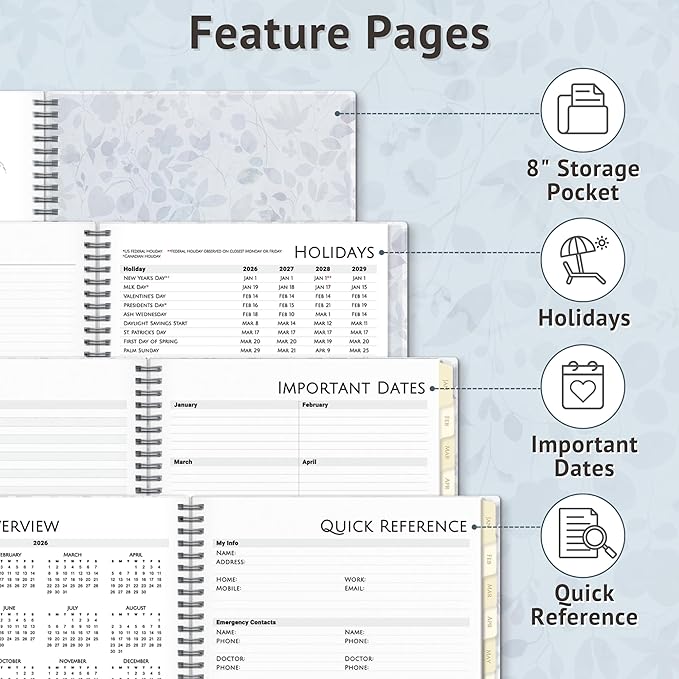 CRANBURY Daily Planner 2026, 8.5x11 Appointment Book, Jan to Dec 2026, 15-Min Hourly Scheduler, Large Planner Book with Colorful Tabs, Premium Paper (Floral)