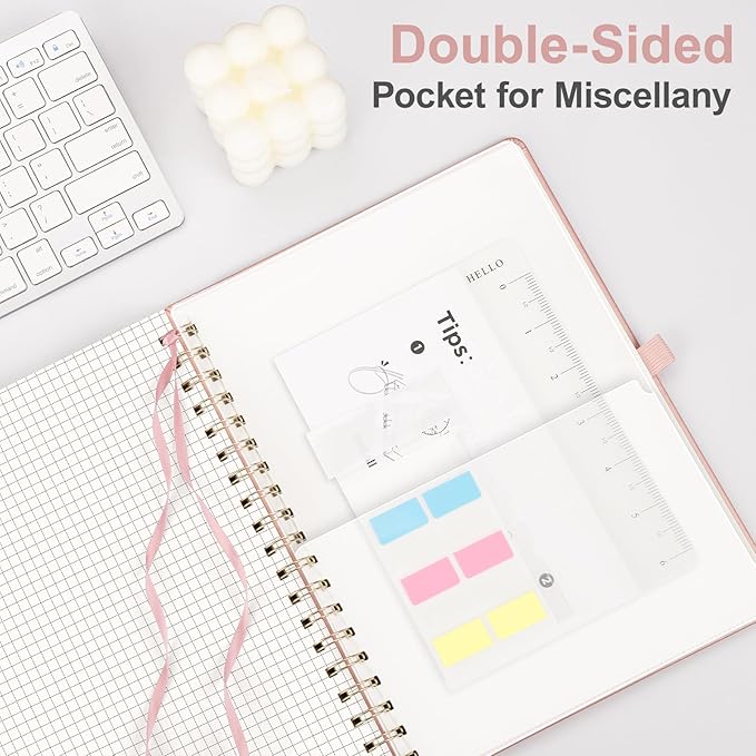 AHGXG Graph Paper Notebook - B5 Large Spiral Notebook Hardcover Leather Journal 140 Pages, Grid Notebook 7.6" x 10", 100 gsm Thick Paper, for School Writing Graphing Engineering Math, Rose Gold