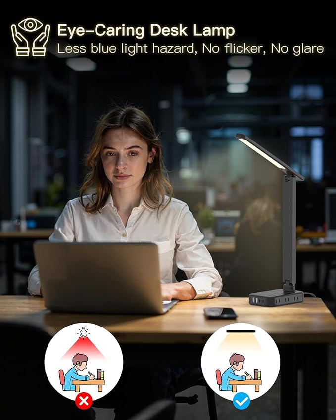 One Beat Desk Lamp with 6 Outlets 4 USB Ports(2×USB-C),Eye Protection Table Lamp Power Strip with 4 Color Modes 5 Brightness Touch LED Desk Lamps for Home Office College Dorm Room Essentials(Black)