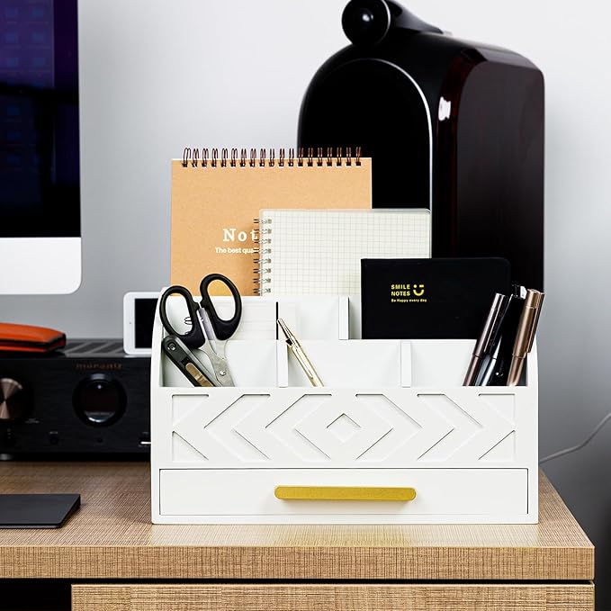 Wooden Desk Organizer Mail Organizer Countertop, Desktop Organizer Mail Sorter Mail Holder Bill Organizer for Desk, Desk Organizers and Accessories for Women (White)