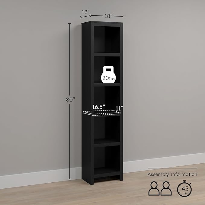 Prepac Moda 80" Tall 5-Tier Narrow Bookcase in Black, Modern Storage Accent Bookshelf with 3 Adjustable Shelves for Home, Office, Living Room, Bedroom