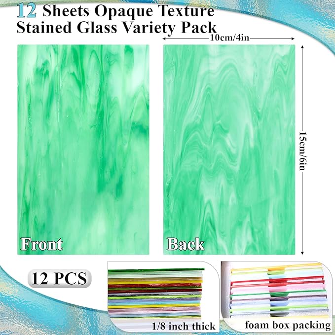 12 Sheets Opaque Stained Glass Bulk Variety Pack, 4 x 6 Inch Mosaic Glass Tiles for Crafts, Assorted Colors Cathedral Art Glasses Sheets for Stained Glass Making Projects