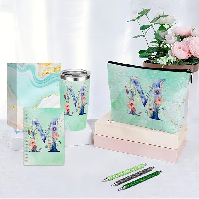 Personalized Gifts Monogrammed Birthday Gifts for Women, Her, Teacher Mother in Law Wedding Christmas Initial 20 oz Tumbler, Makeup Bag Cup Pens Journal Notebook 6 Set, (Aesthetic Green Flower M)