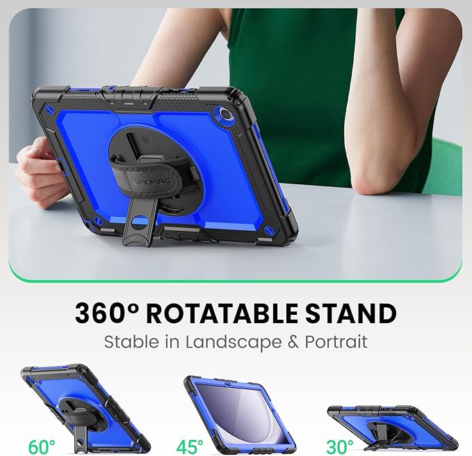 SEYMAC Case for Samsung Galaxy Tab A9+/ A9 Plus 11" (SM-X210/X216/X218), Heavy Duty Shockproof Protective Case with Screen Protector, Rotating Stand, Hand/Shoulder Strap and Pen Holder, Blue